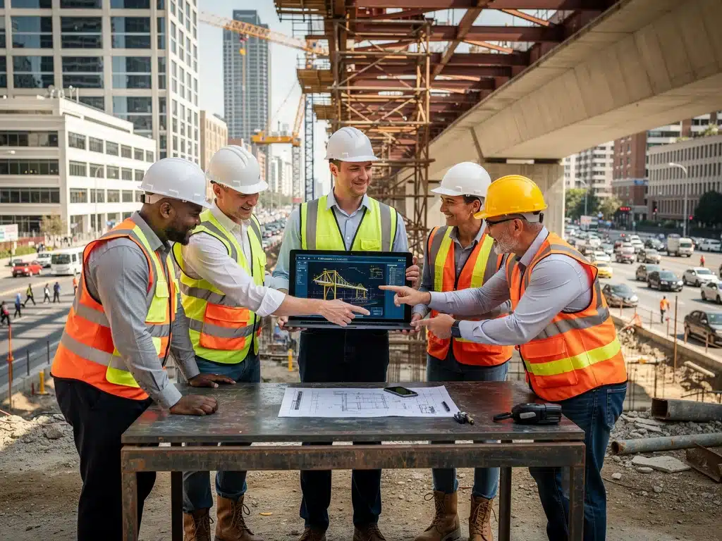Construction workers and engineers building modern infrastructure, symbolizing job growth