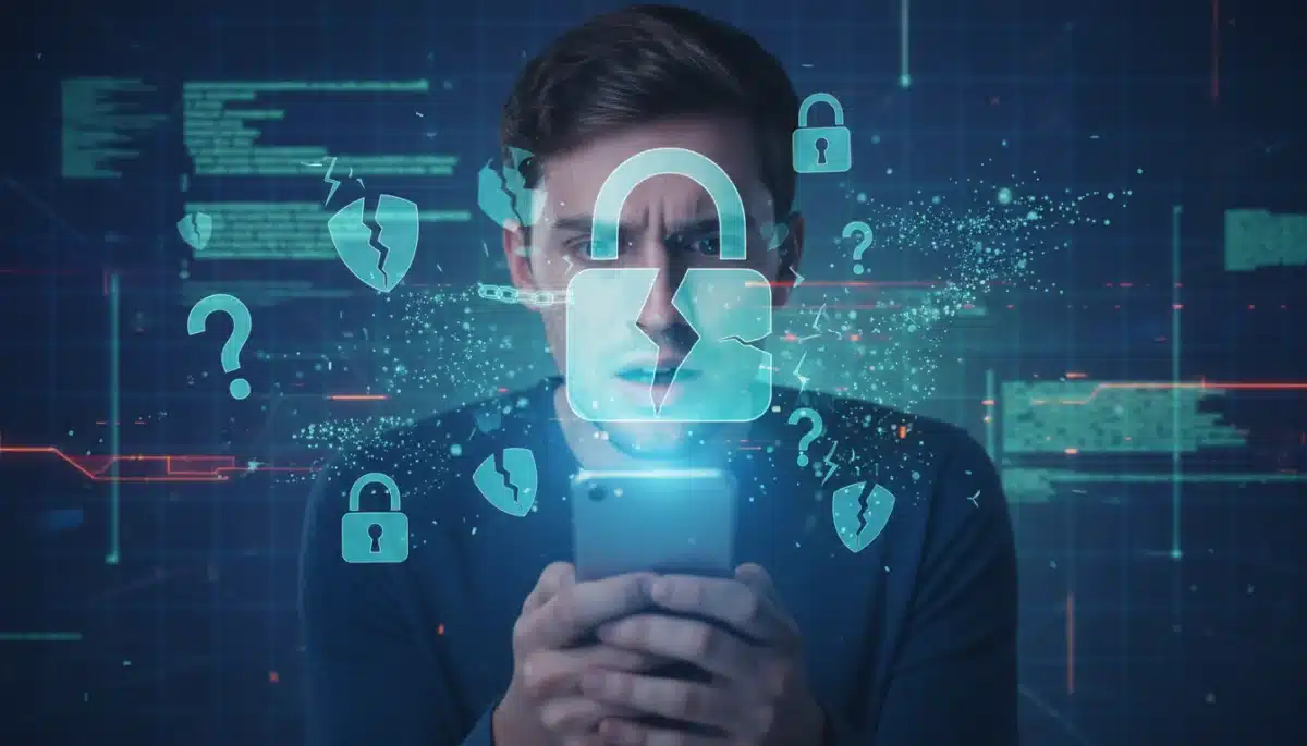 Concerned person with smartphone, digital security icons, personal data vulnerability