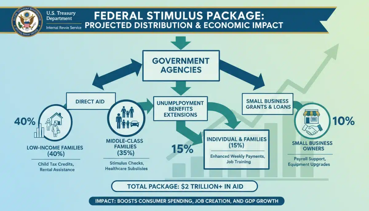Infographic showing federal stimulus package distribution channels and beneficiaries