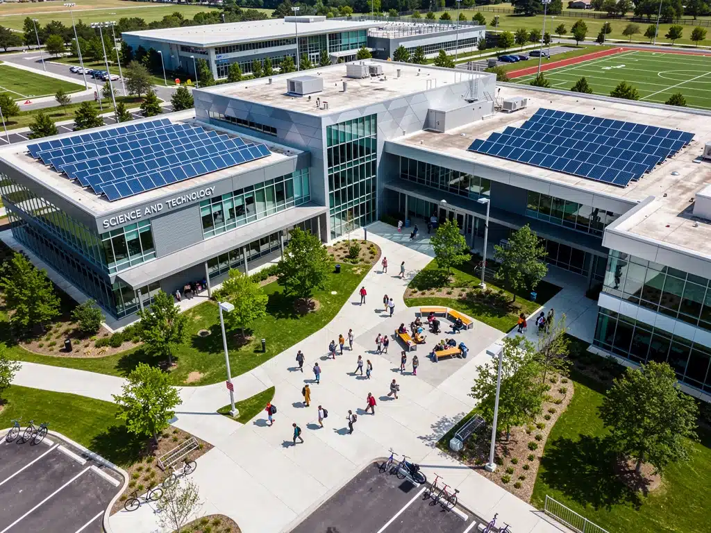 Modern school campus with new science and technology facilities, symbolizing advanced STEM infrastructure.