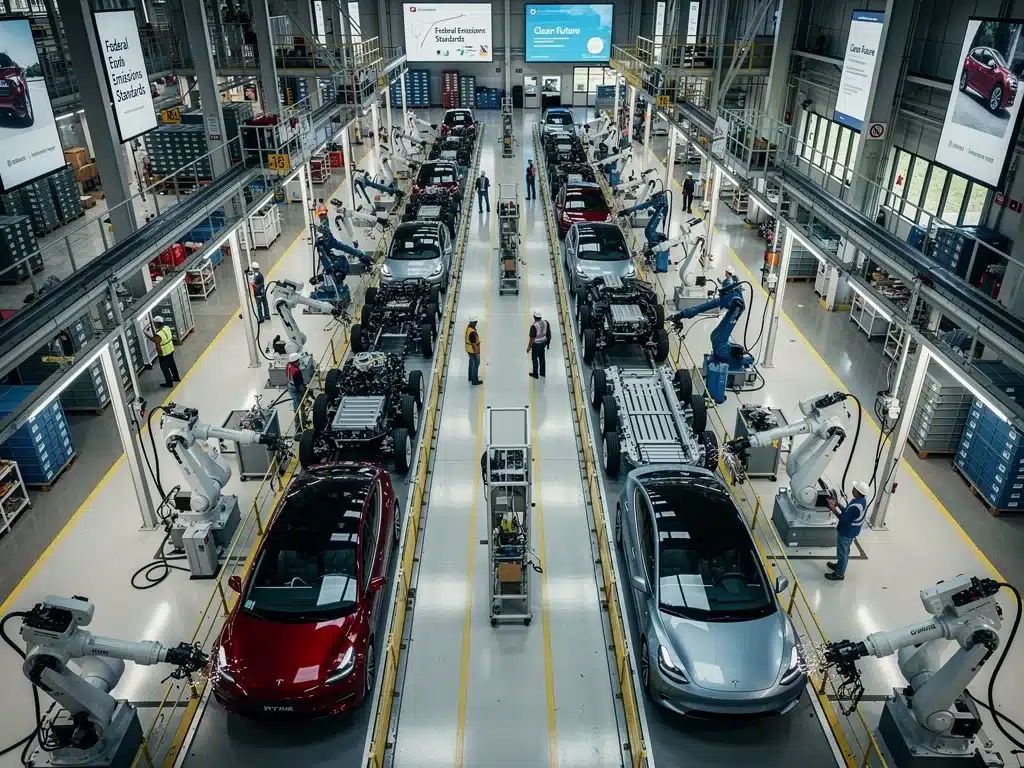 Automotive assembly line with mixed gasoline and electric vehicles, reflecting federal emissions standards