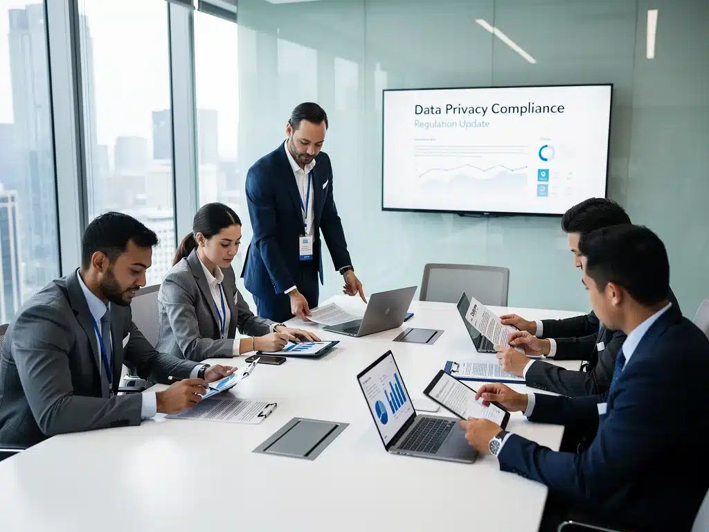 Business team reviewing legal documents for data privacy compliance.