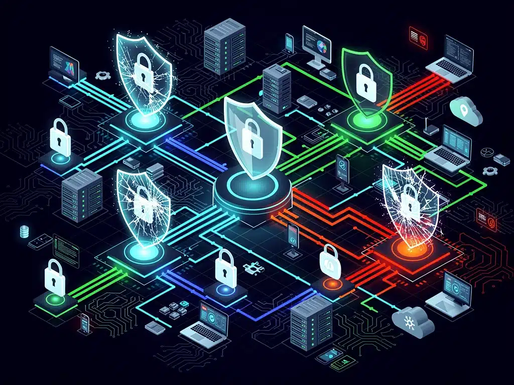 Digital networks with security icons, illustrating data protection challenges.
