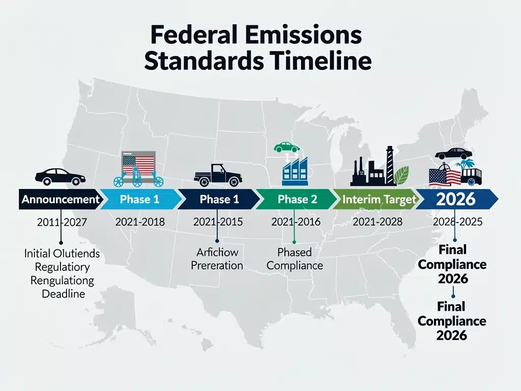 Timeline graphic of federal emissions standards implementation for US auto industry