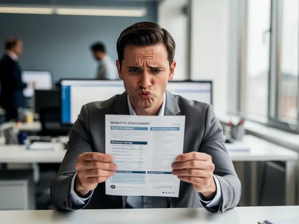Employee reviewing complex benefits statement with a puzzled expression