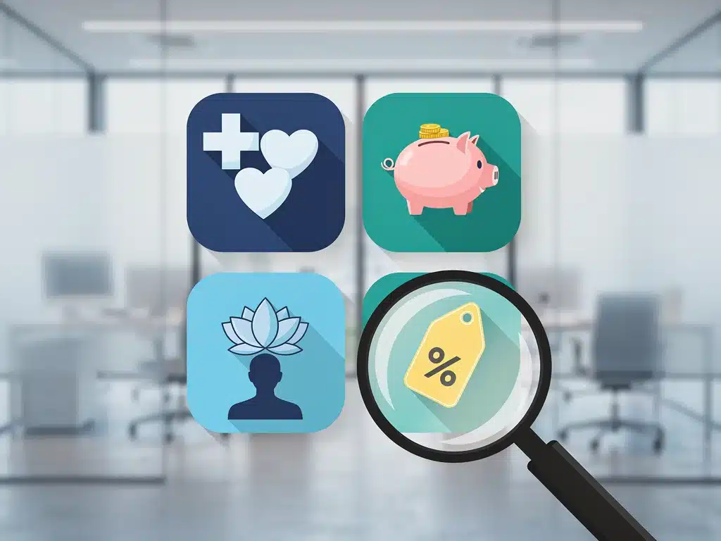 Employee benefits icons with magnifying glass for review