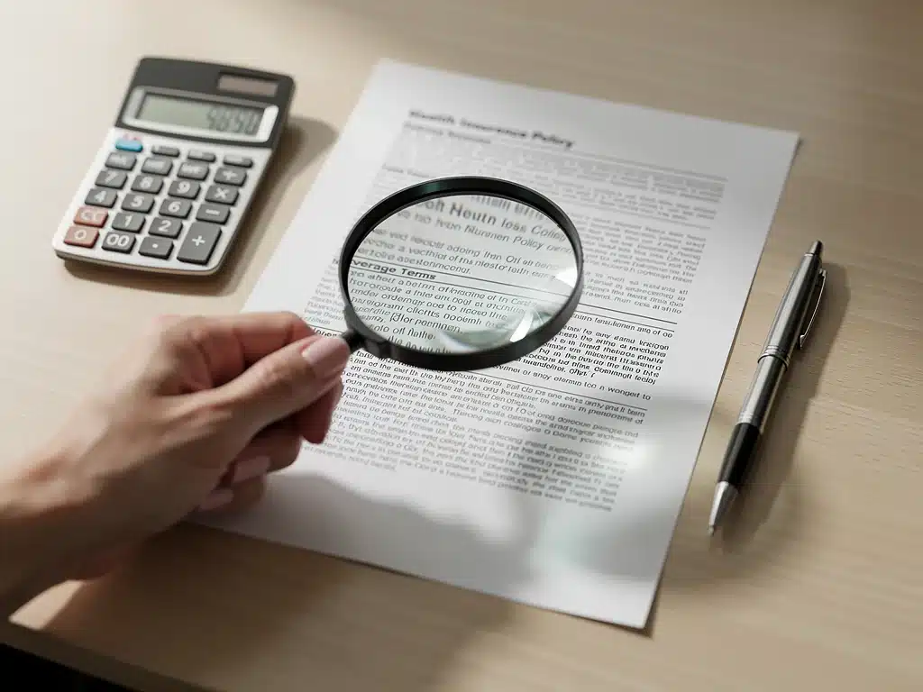 Magnifying glass over health insurance policy document with calculator