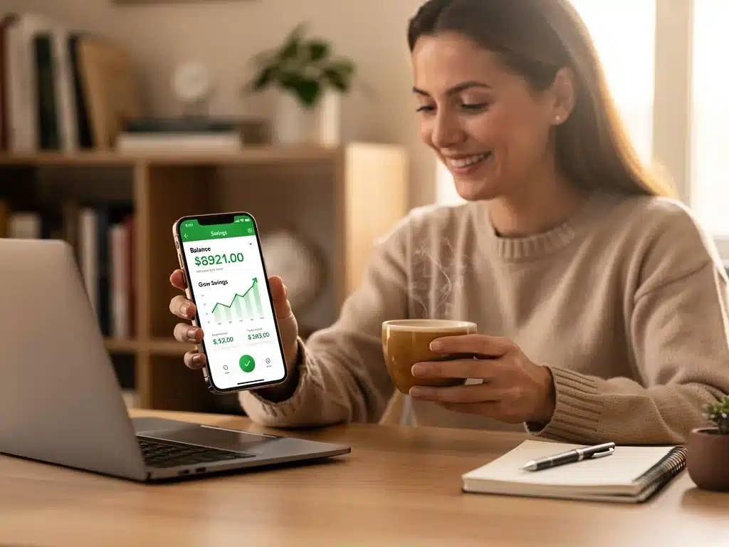 Happy person checking savings on banking app