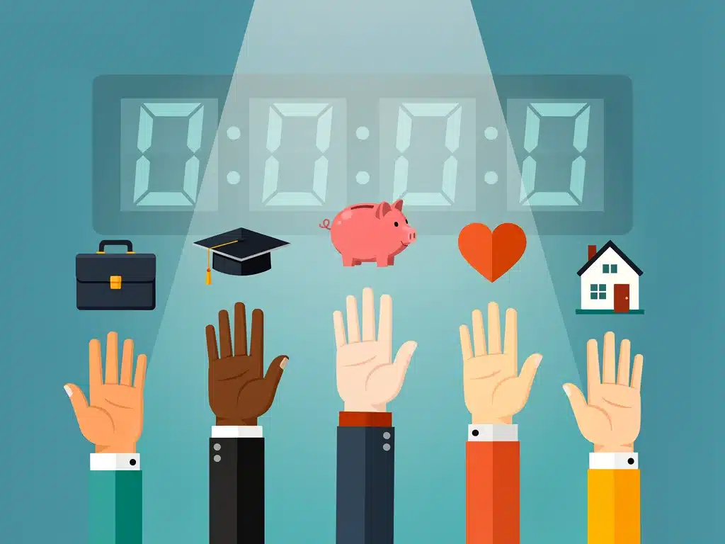 Hands reaching for various benefits with a countdown timer, symbolizing limited-time opportunities.
