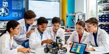 Diverse students in a modern science lab, working on robotics and coding, representing STEM education innovation.