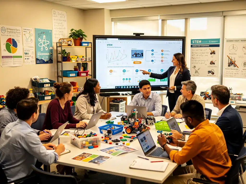 Teachers engaged in a professional development workshop for new STEM curricula and teaching methodologies.