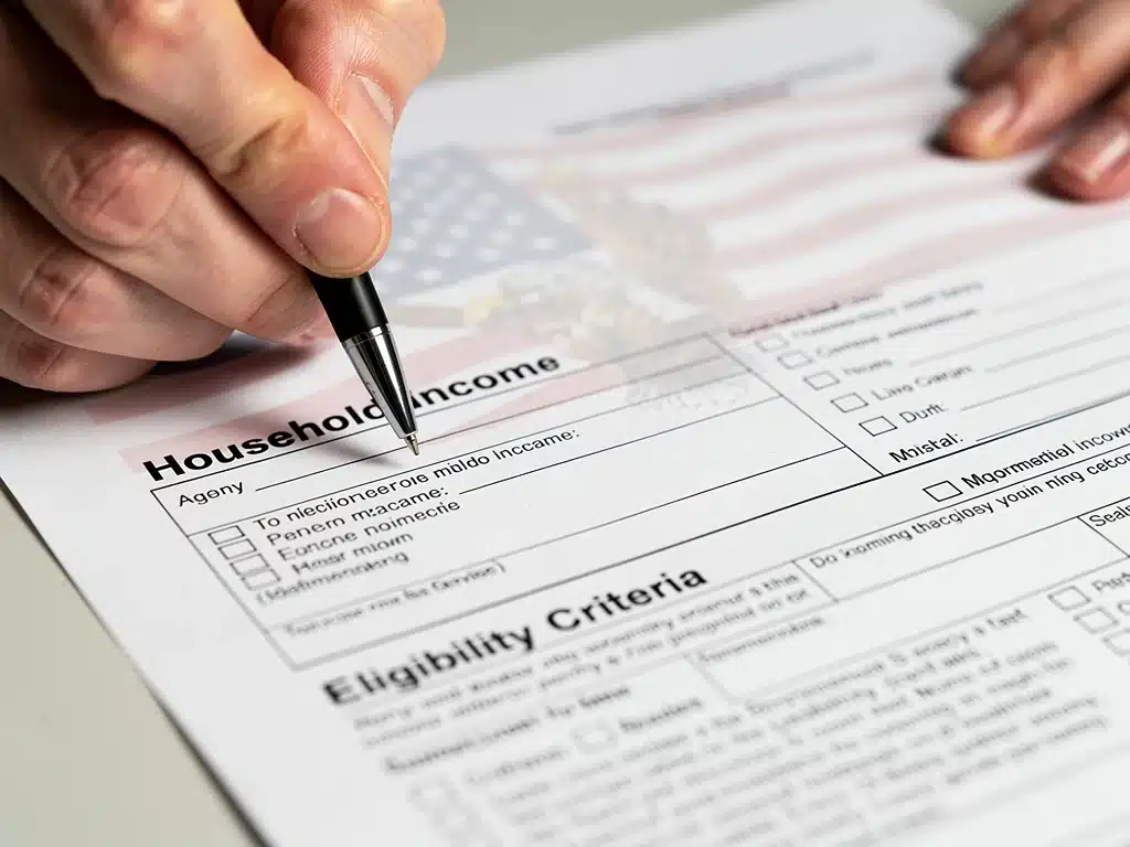 Hands filling out federal benefit application form