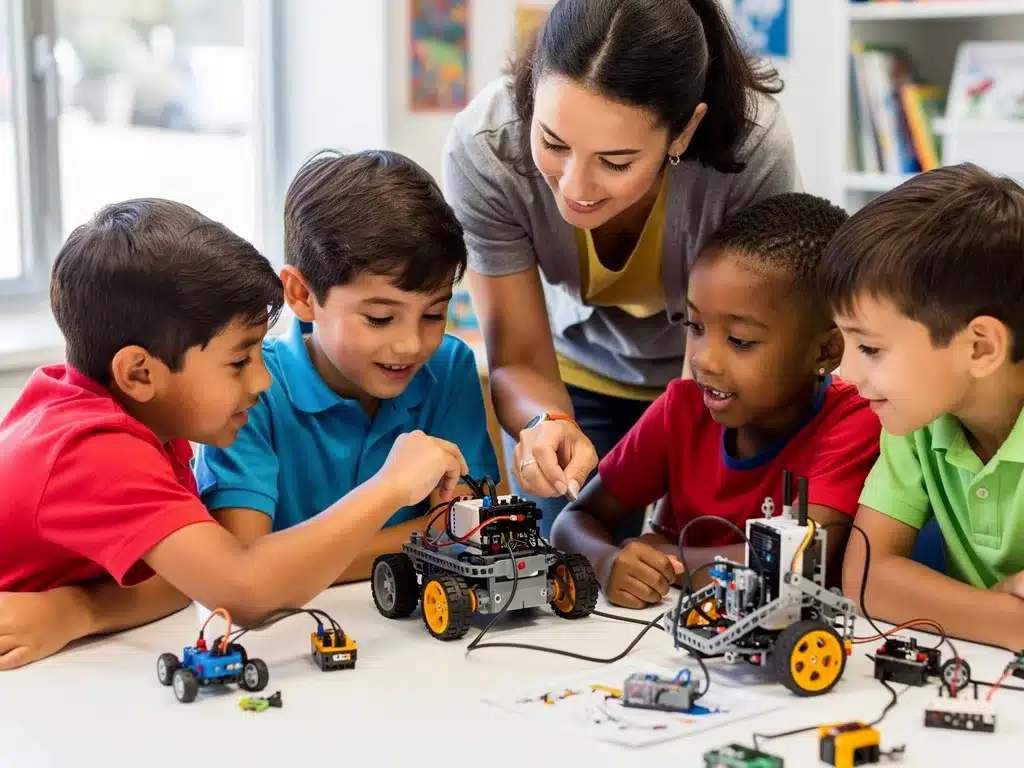 Elementary school children collaborating on a robotics project with an instructor.