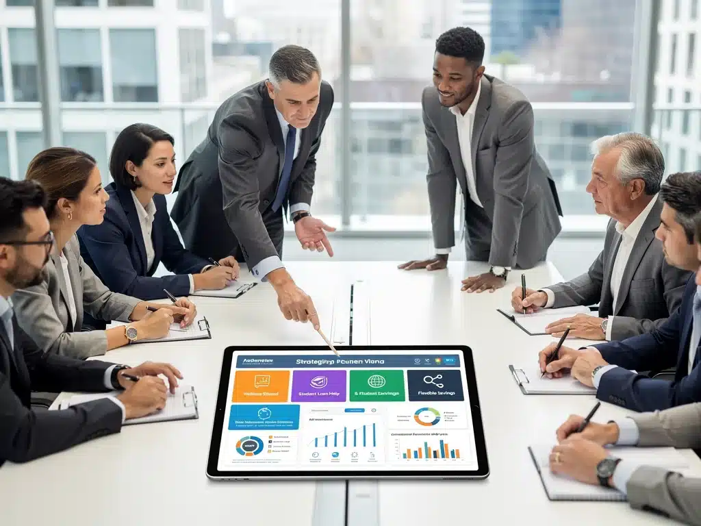 Diverse team discussing niche benefit programs for strategic financial planning and savings.