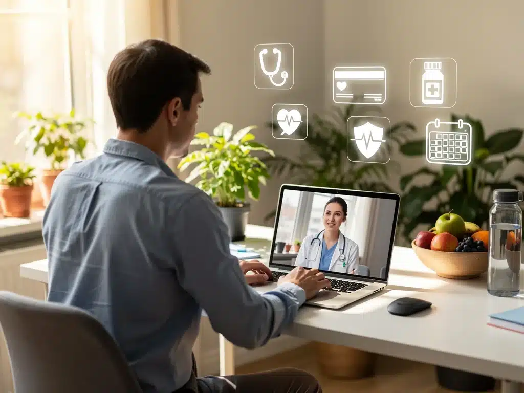 Person utilizing telehealth for health benefits