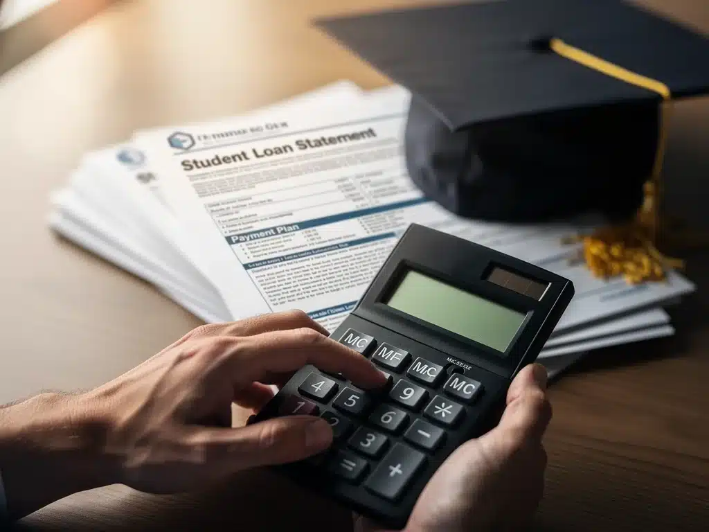 Hand with calculator, student loan documents, symbolizing financial relief.