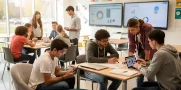 High school students engaged in a dynamic hybrid learning environment with technology.