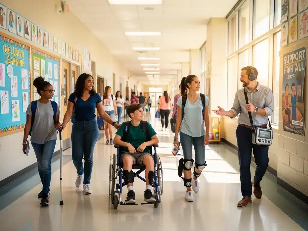 Diverse students and teachers in a school hallway, representing inclusive education
