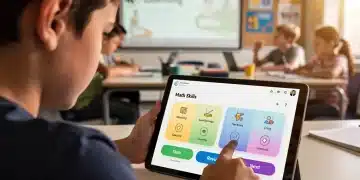 Student engaged with AI-powered learning application on tablet. AI Learning Tools