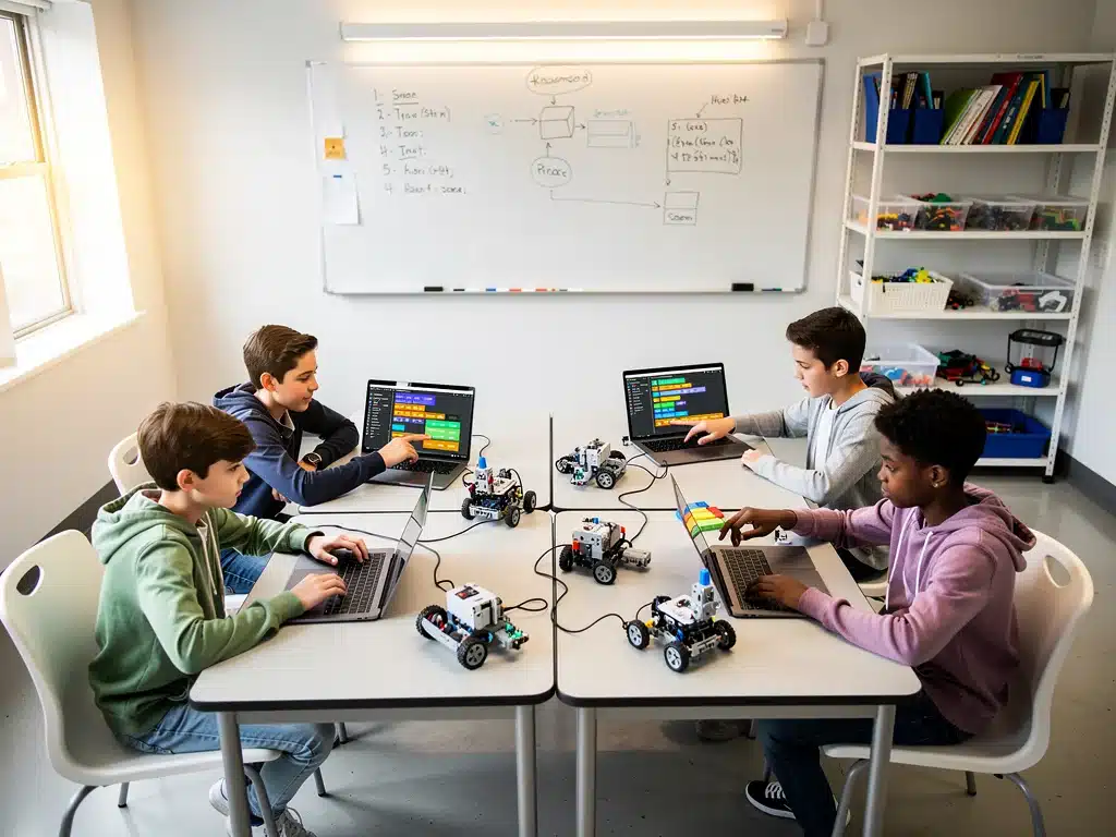Students collaborating on coding project with robots