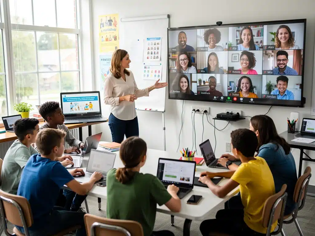 Teacher facilitating hybrid classroom discussion with in-person and remote students.
