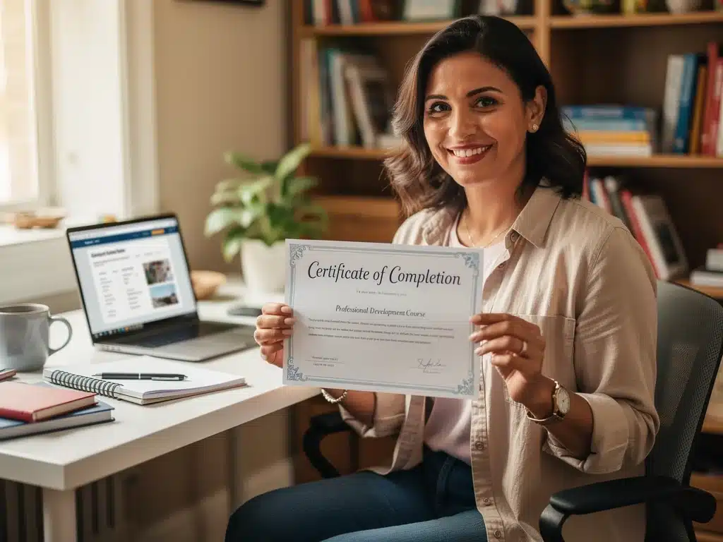 Teacher proudly holding a certificate after completing an online professional development course.