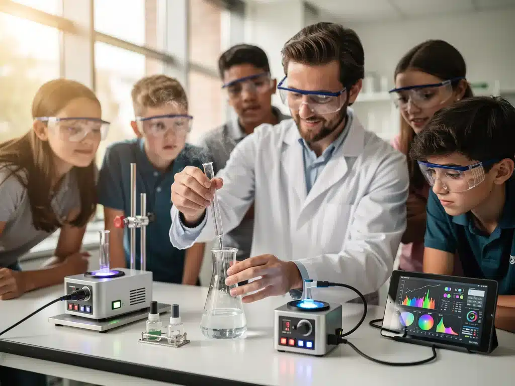 Teacher demonstrating science experiment with new lab equipment