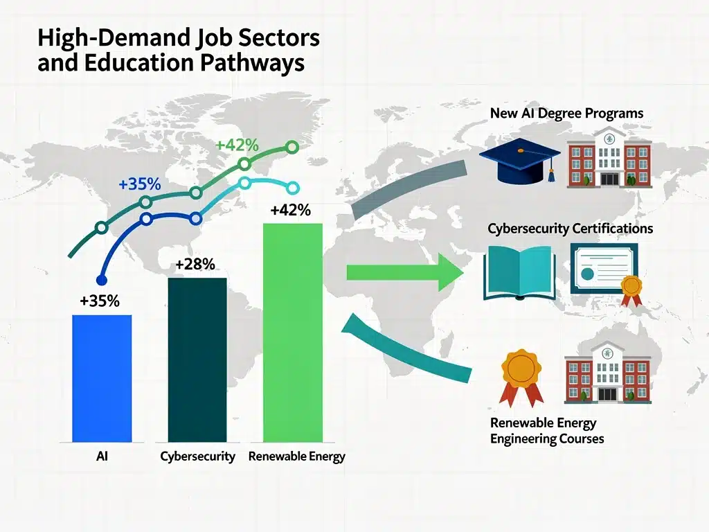 Infographic showing high-demand job sectors like AI and cybersecurity, linked to new university programs.