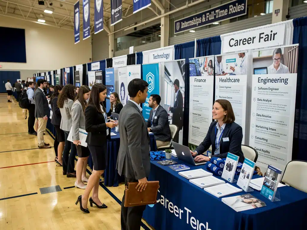 University students engaging with recruiters at a career fair, seeking job placement opportunities.